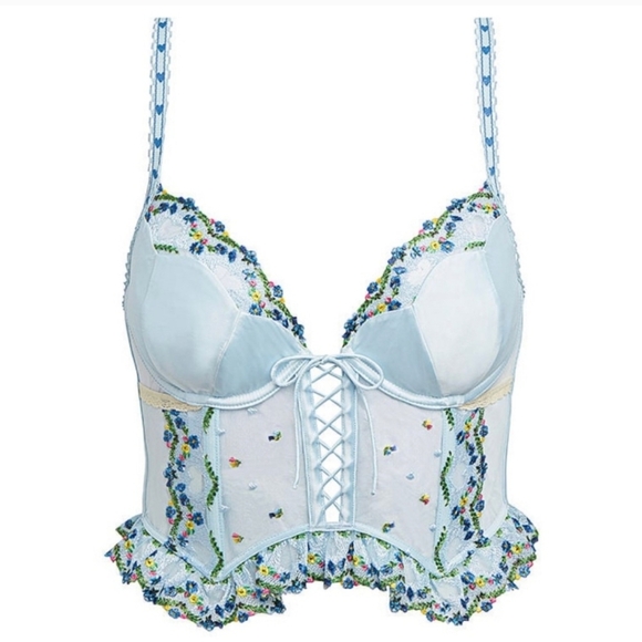 NWT VS For Love & Lemons Midsummer Heart Embroidered Lace Set Light Blue Sz M